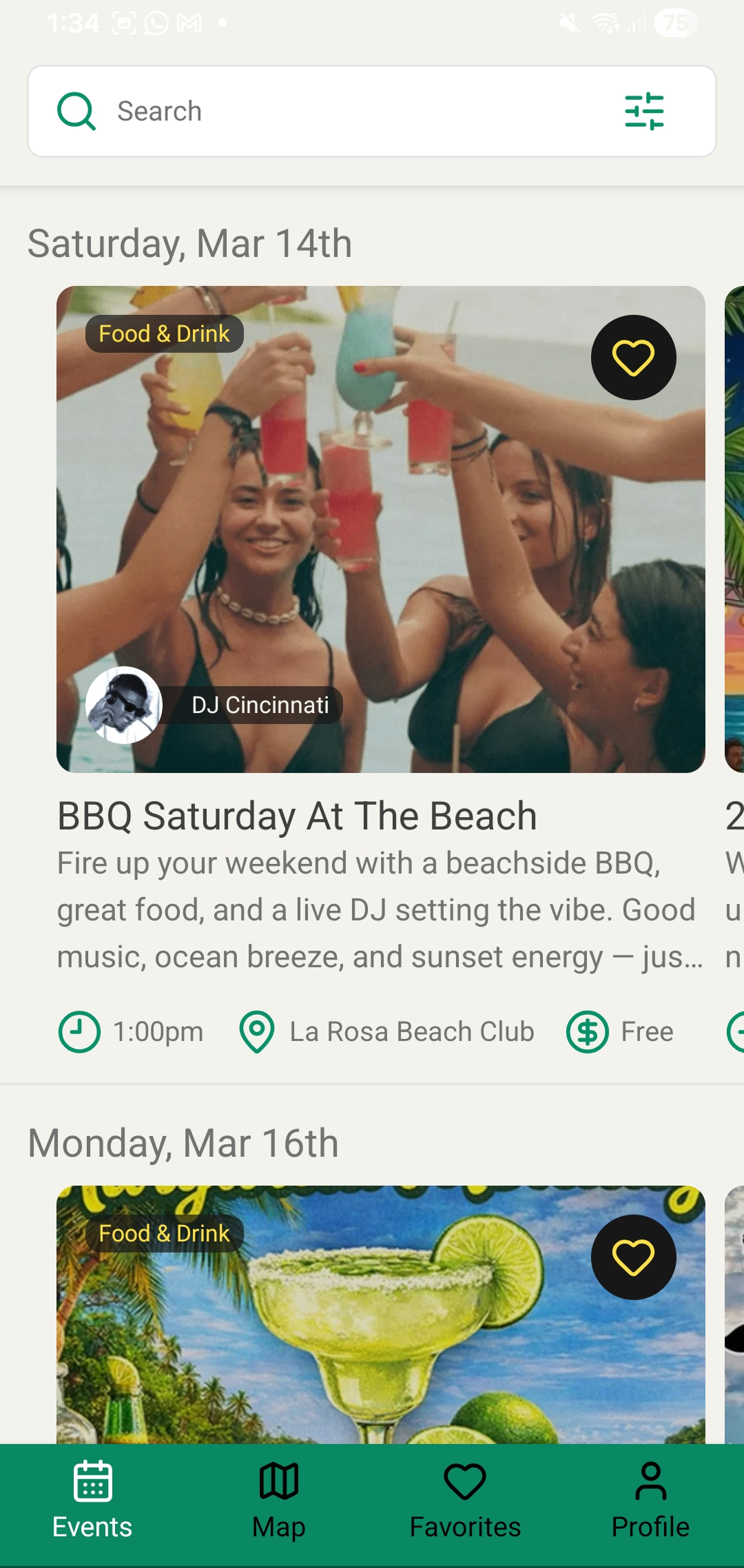 Bocas Eventos app showing today's events