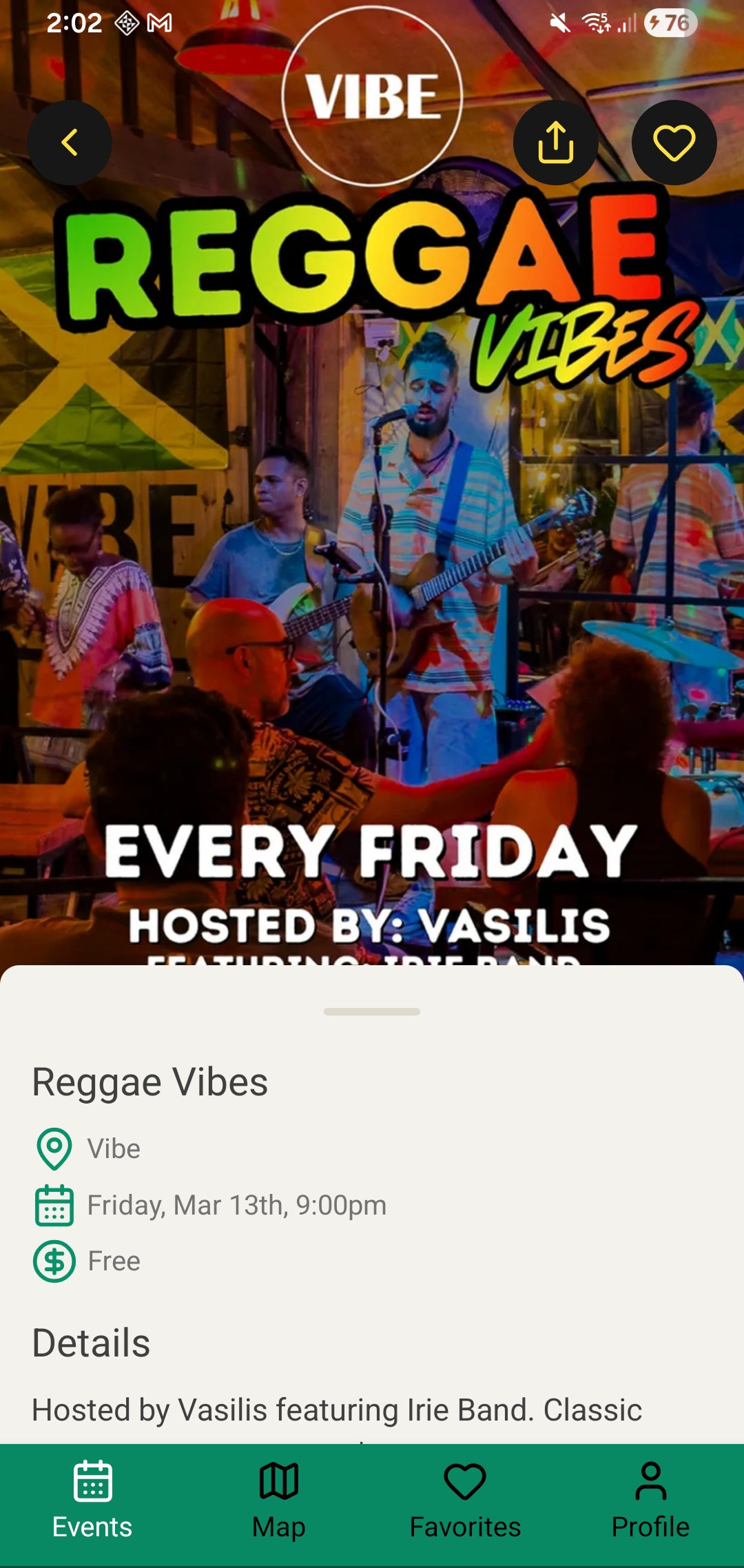 Event details screen showing live music at a Bocas del Toro venue