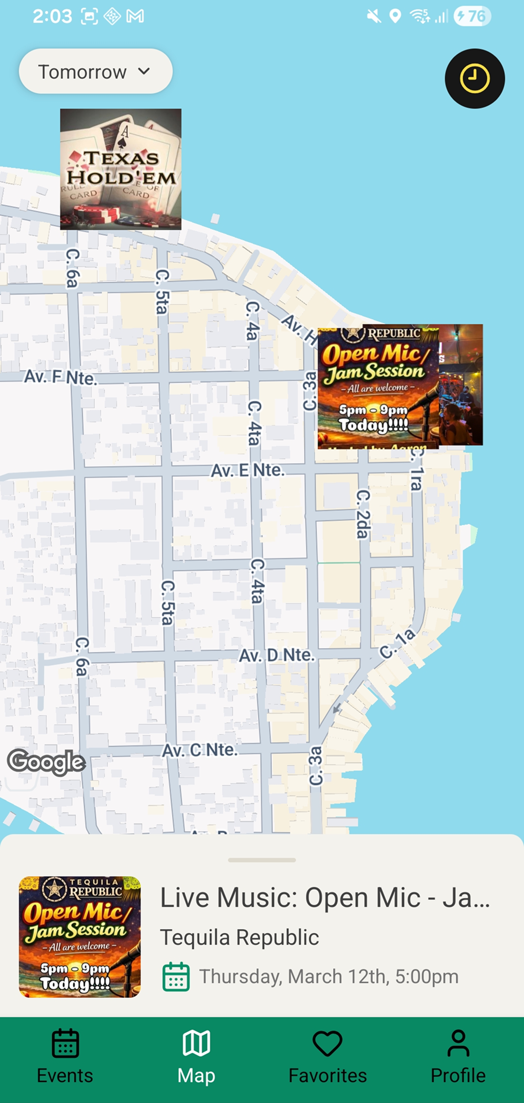 Interactive map view showing event locations across Bocas del Toro