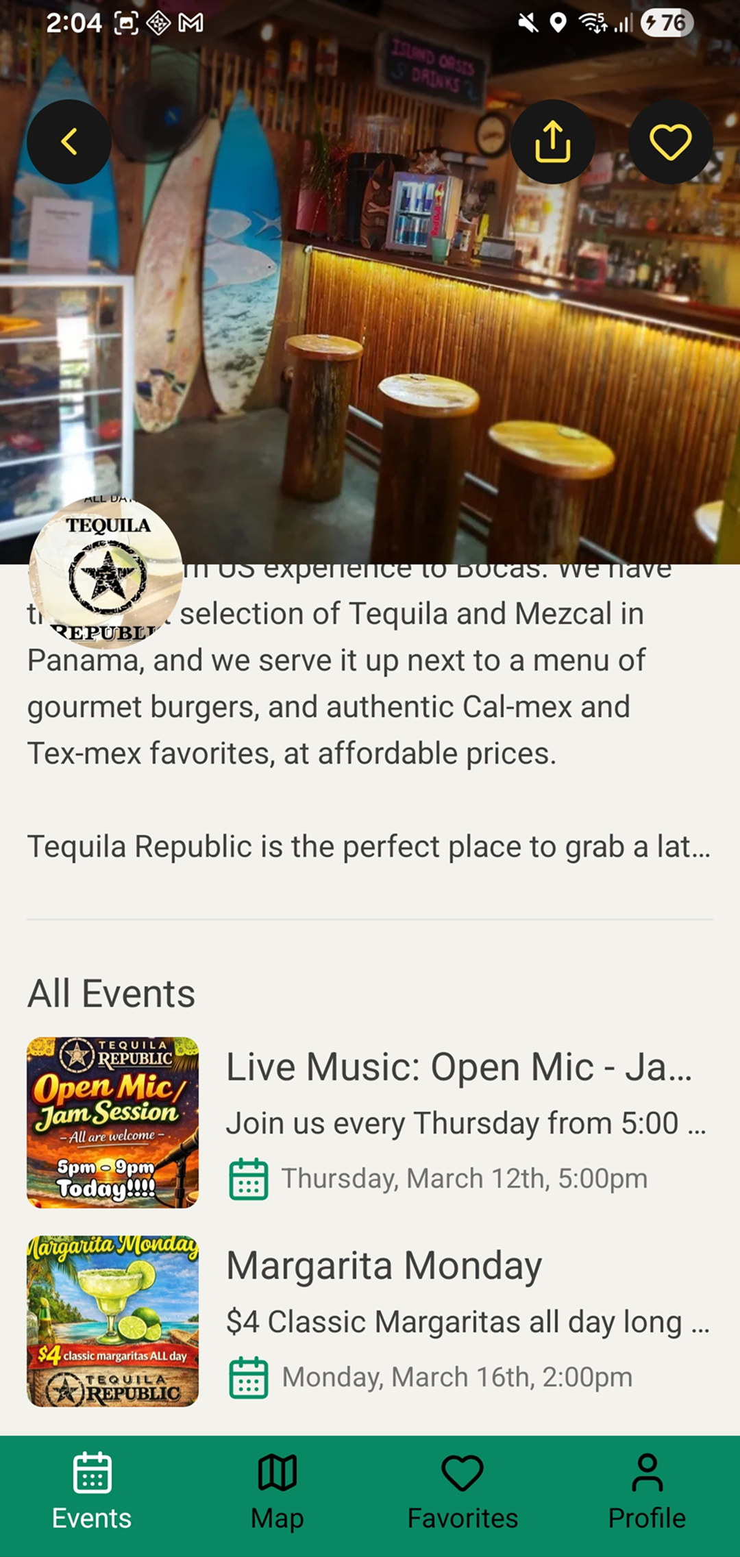 Venue detail screen showing business information and upcoming events